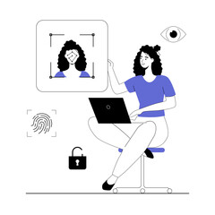 Face identity concept. Security and identity verification. Woman accessing her account with user face recognition. Vector illustration with line people for web design.