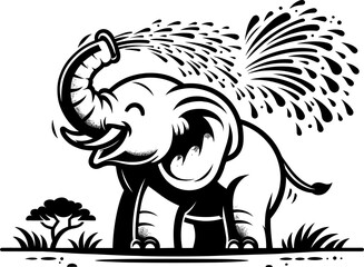 Vector illustration of an elephant joyfully spraying water with its trunk in a savannah setting, depicted in black and white.