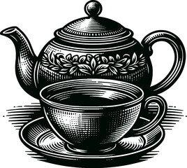 Black vector illustration on white background of a teapot and cup, detailed to evoke relaxation and hospitality for culinary and lifestyle themes.