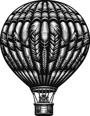 Black vector illustration on white background of a hot air balloon, evoking freedom and exploration for adventure themes.