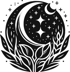 Black vector illustration of a crescent moon and stars, designed to evoke night sky themes, ideal for sleep designs.