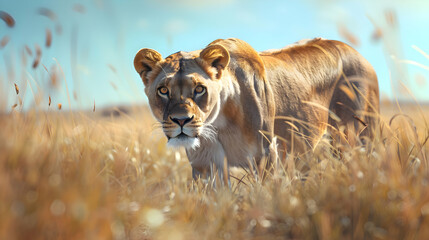Fototapeta premium A majestic lioness prowling through the savannah