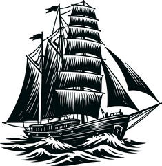 Black vector illustration on white background of a sailing boat with billowing sails, ideal for nautical themes.