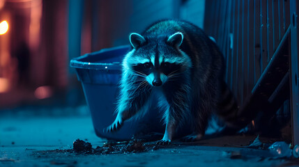 A mischievous raccoon raiding a garbage bin at night