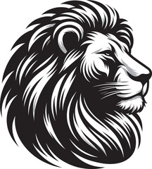 Black and white vector art of a lion with a detailed mane in a noble pose