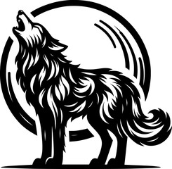 Black vector illustration on white background of a wolf in a howling pose, for wilderness themes.