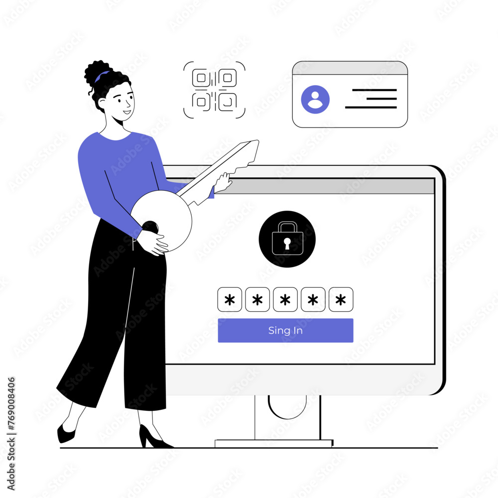 Poster id verification, identification for access to personal data information. woman with key, login and p