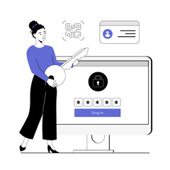 ID verification, identification for access to personal data information. Woman with key, login and password form page. Vector illustration with line people for web design.