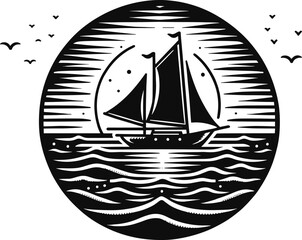 Black vector illustration on white background of a sailboat on the horizon, depicting sea travel and adventure for nautical themes.