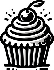 Black vector illustration on white background of a cupcake with icing and a cherry on top, for food and bakery themes.