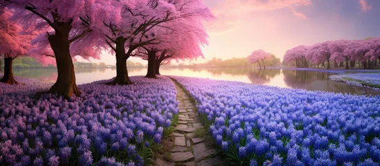 Gordijnen A path winds through a natural landscape of purple snow crocus flowers and pink trees leading to a lake under a violet sky © pngking