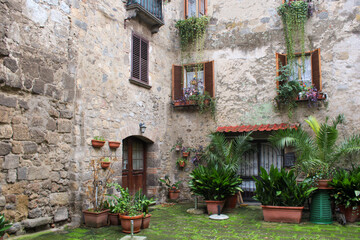 Fototapeta na wymiar Piazzetta nel borgo di Montefiascone con abitazione in pietra vasi e piante