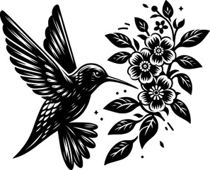Black vector illustration on white background of a hummingbird mid-flight near flowers, for garden themes.