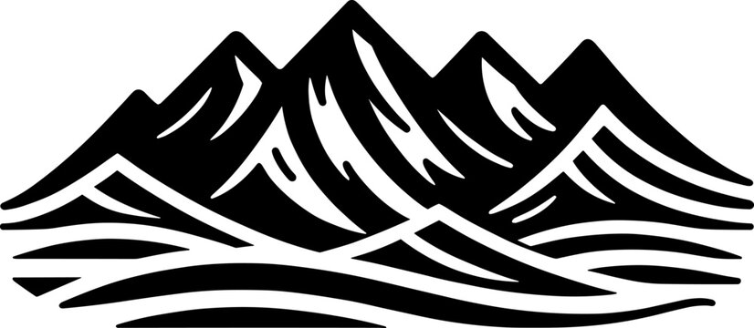 Black vector illustration on white background of a mountain range, depicted in a minimalist style for adventure themes.