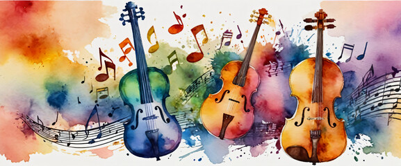 Music, musical notes, large cellos. Watercolor style illustration, colors. Pleasure for musical art, imagination, extravagance and elegance. Banner size, concert, musicians,  conductor, music school