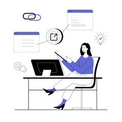 Concept of link building, SEO or search engine optimization, hyperlink. Woman with browser windows and external link. Vector illustration with line people for web design.