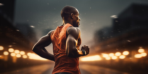 Fototapeta na wymiar Handsome black man runner athlete. Sports, diversity and inclusion concept. Related to the themes of training, practice, teamwork, collaboration, unity, leadership, mentorship, mentor, role model