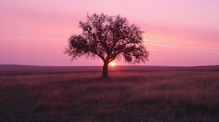 Obraz premium Tranquil Sunrise Landscape with Lone Tree and Misty Fields