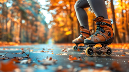 Close-up of a person’s legs on rollerblades, skating down a forest path covered with fallen leaves, encapsulating the essence of fall outdoor activities.