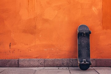 a skateboard leaning against a wall - obrazy, fototapety, plakaty