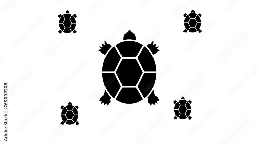 Poster zoom in and out animation the turtle symbol. large black symbol in the center and four small symbols
