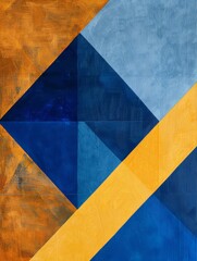 A painting featuring a geometric design in shades of blue and yellow, creating a visually striking pattern