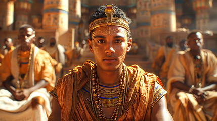 Young egyptian pharaoh portrait in palace with servants and people around, historical reconstruction illustration 