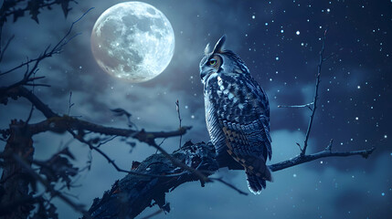 A nocturnal owl perched atop a moonlit tree branch - obrazy, fototapety, plakaty