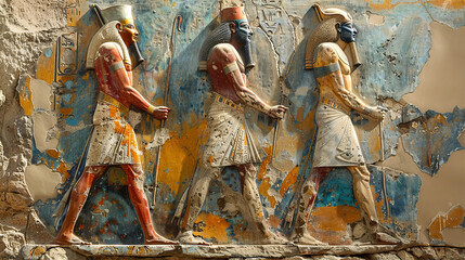 Ancient relief with Pharaoh and priests, inspires by Egyptian art of 18th dynasty - obrazy, fototapety, plakaty