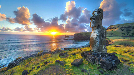 Easter island's sculptures at sunset  - obrazy, fototapety, plakaty