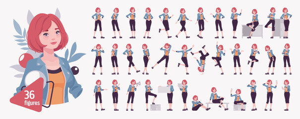 Young red choppy bob haircut pale woman, attractive girl, urban fashion character set, cute bundle. Active female work area poses, emotions, life mood, busy workspace situations. Vector illustration