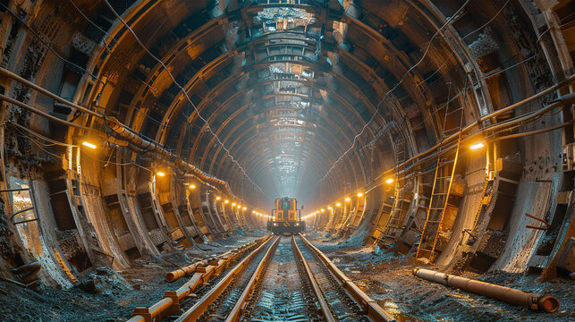 Fototapeta Engineering works in tube underground tunnel