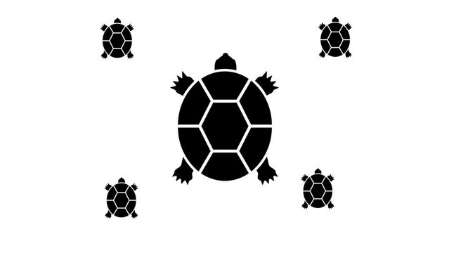 Zoom in and out animation the turtle symbol. Large black symbol in the center and four small symbols around. Seamless looped 4k animation on white background