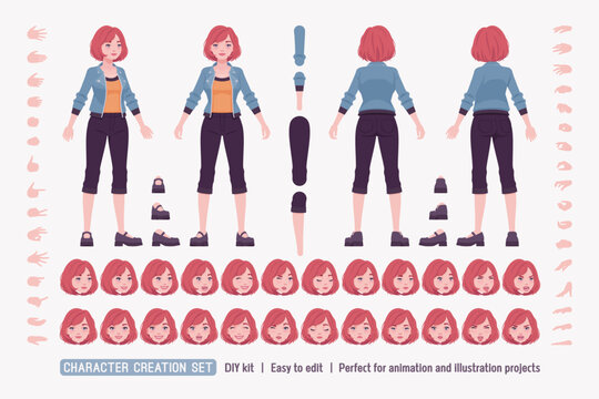Young red choppy bob haircut pale woman, attractive girl DIY cute character creation set. Female body figure parts. Head, leg, hand gestures, different emotions, construction kit. Vector illustration