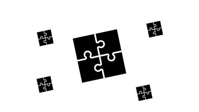 Zoom in and out animation the puzzle symbol. Large black symbol in the center and four small symbols around. Seamless looped 4k animation on white background