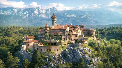 Photo sur Plexiglas Vieil immeuble Fantastic view at French medieval castle which was reconstructed in 18th century, beautiful landscape panorama with mountains and forest around