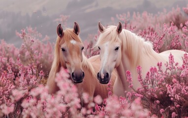 Two horses grazing on grassland surrounded by pink flowers - obrazy, fototapety, plakaty