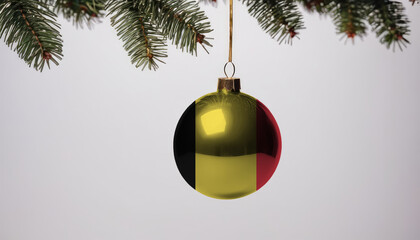 New Year's ball with the flag of Belgium on a Christmas tree branch isolated on white background. Christmas and New Year concept.