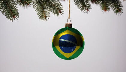New Year's ball with the flag of Brazil on a Christmas tree branch isolated on white background. Christmas and New Year concept.