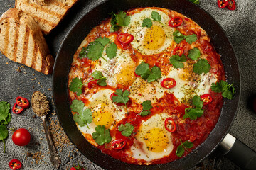 Tasty Shakshuka eggs in a pan with toast on a dark concrete background. Eggs poached  in a spicy tomato pepper sauce. Traditional Jewish scrambled eggs. Flat lay, Top view.
