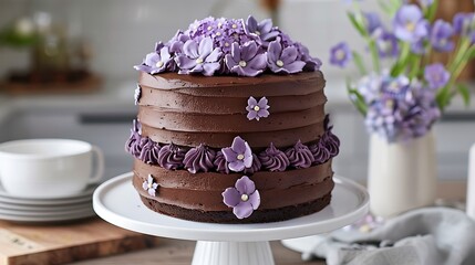 Obraz na płótnie Canvas a digital masterpiece showcasing a rich chocolate cake with a thick layer of buttercream icing and beautifully piped purple icing flowers on a chic table
