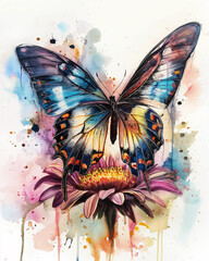 Watercolor Art Colorful graffiti butterfly on flower white background