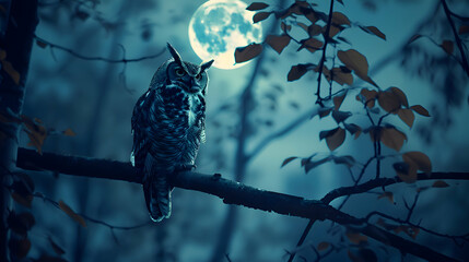 A nocturnal owl perched atop a moonlit tree branch