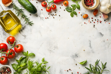 Fresh Vegetables, Spices, and Olive Oil on a Marble Background - obrazy, fototapety, plakaty