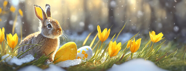 A rabbit beside Easter eggs among spring crocuses in the snow. Greeting card for a religious...