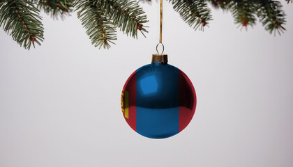 New Year's ball with the flag of Mongolia on a Christmas tree branch isolated on white background. Christmas and New Year concept.