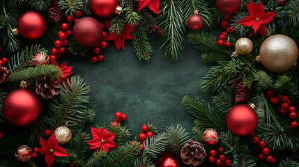Obraz na płótnie Canvas Festive Christmas Background with Ornaments and Pine Branches