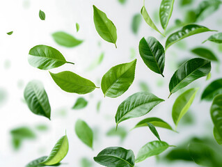Fototapeta premium Fresh Green Leaves Floating in White Space A Serene Nature Background