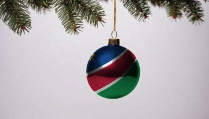 New Year's ball with the flag of Namibia on a Christmas tree branch isolated on white background. Christmas and New Year concept.