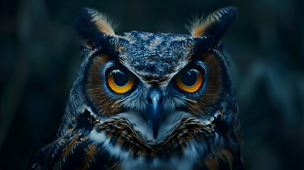A nocturnal owl with wide eyes gazing into darkness